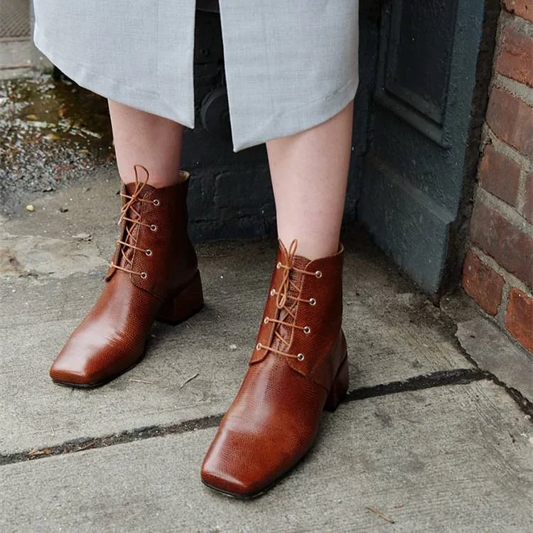 Tan Lace-up Square Toe Chunky Heel Ankle Boots Vdcoo