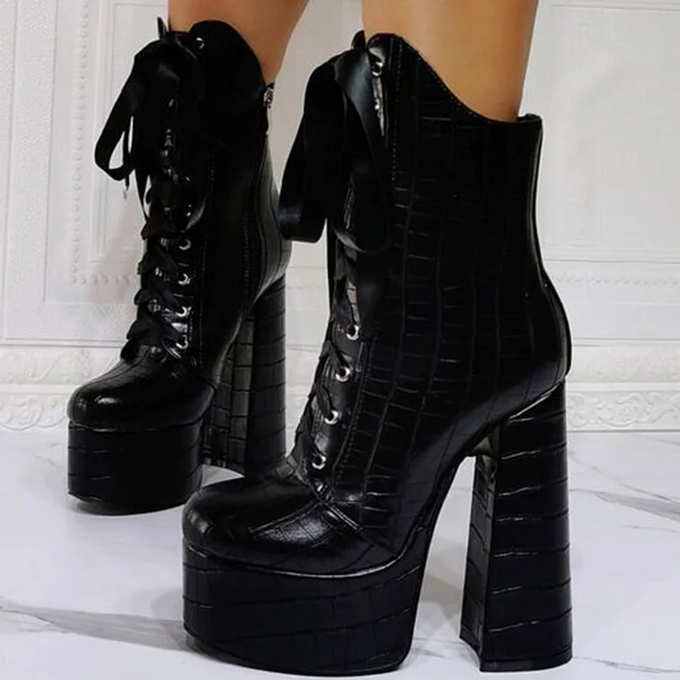 Round Toe Chunky Heel Lace Up Shoes Vintage Platform Ankle Boots |FSJ Shoes
