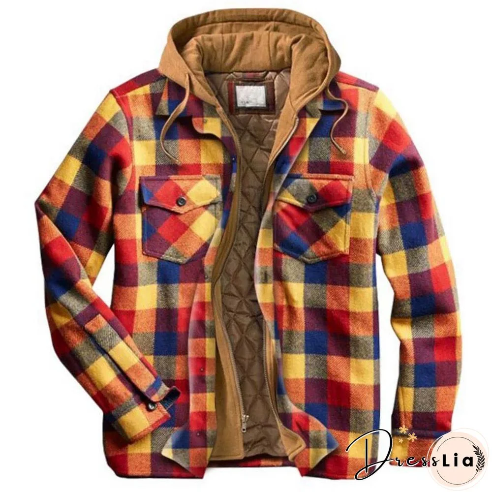 Men's Casual Plaid Color Plaid Jacket Hooded Fake Two Coats