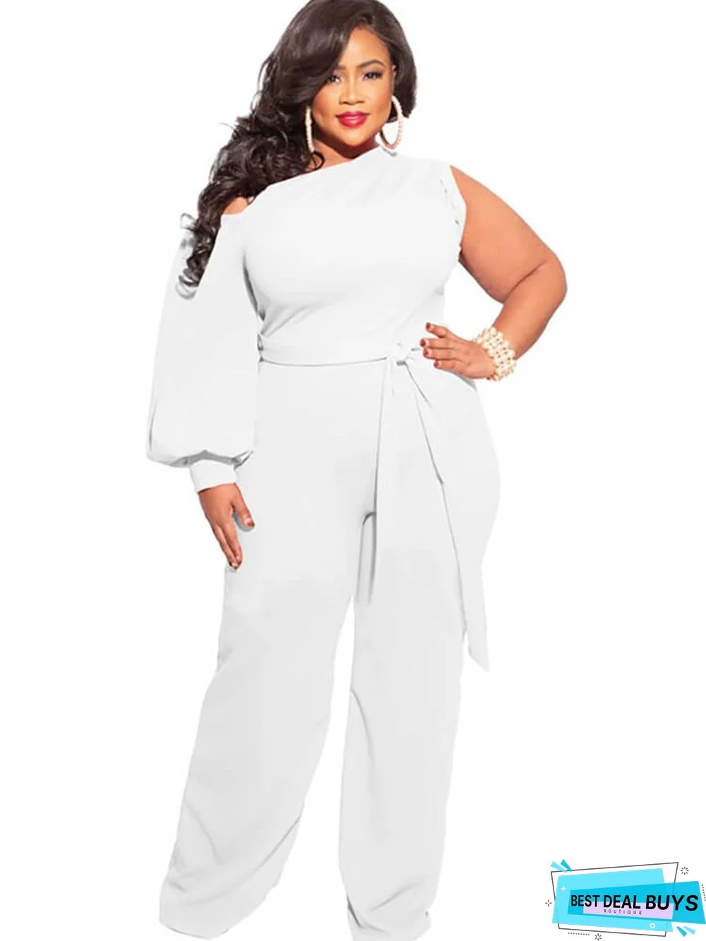 Plus Size Puff Sleeve Belted Wide Leg Pant Jumpsuits