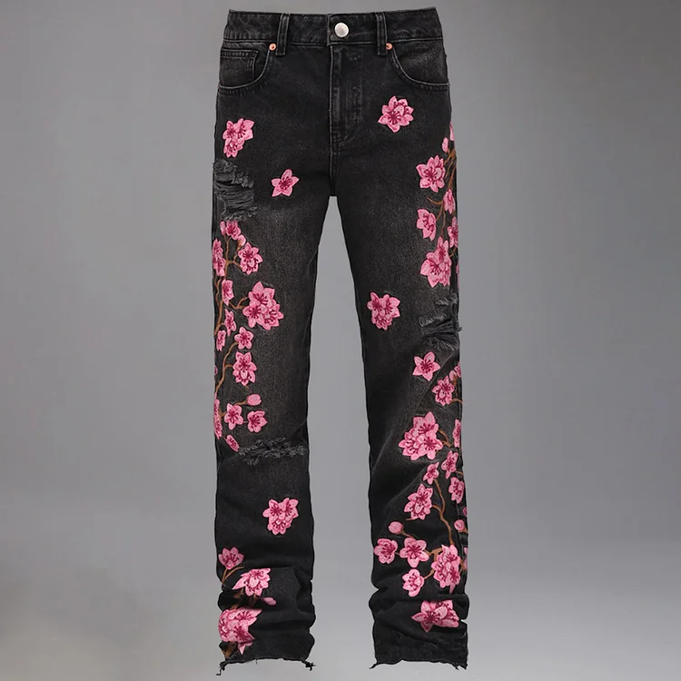 Fashion Floral Embroidery Denim Ripped Straight Leg Jeans 