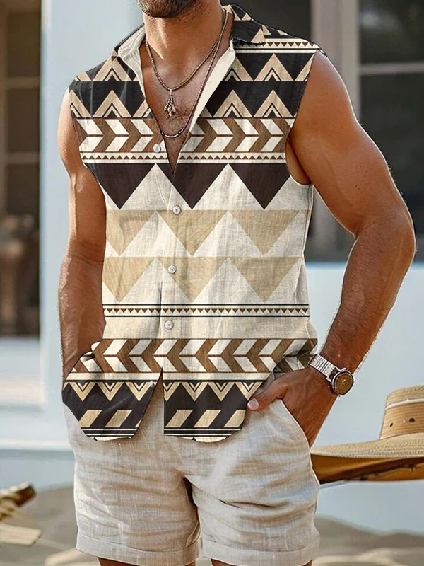 Men's Retro Geometric Art Print Sleeveless Shirt