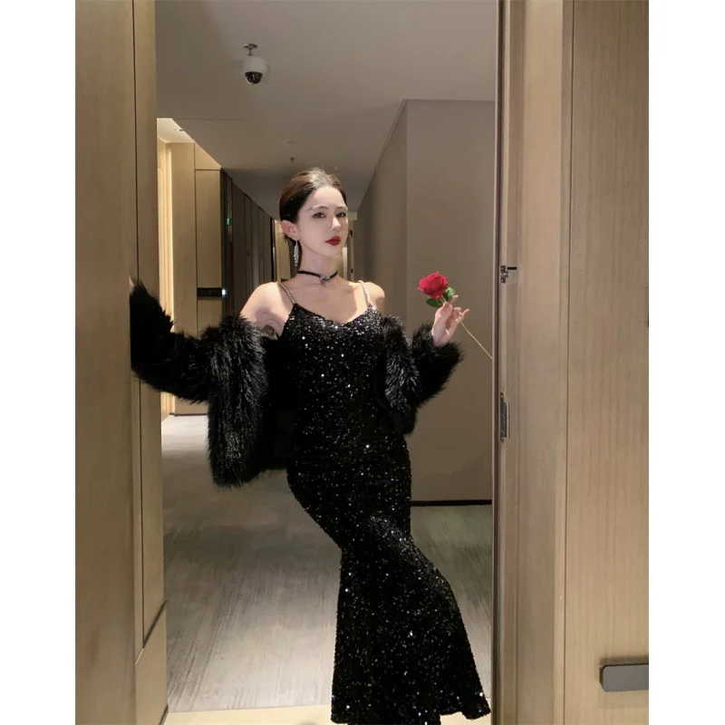 Churchf Churchf New Light Luxury French Condole Dress Female Autumn Velvet Fishtail Temperament Black Sequined Evening Dress Dress