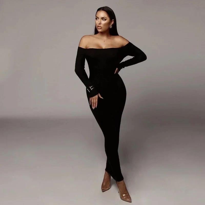 Ribbed Off Shoulder Long Dress Women traf Full Sleeve Slash Neck Sexy Bodycon dress 2021 Solid Backless Ladies Party Vestido