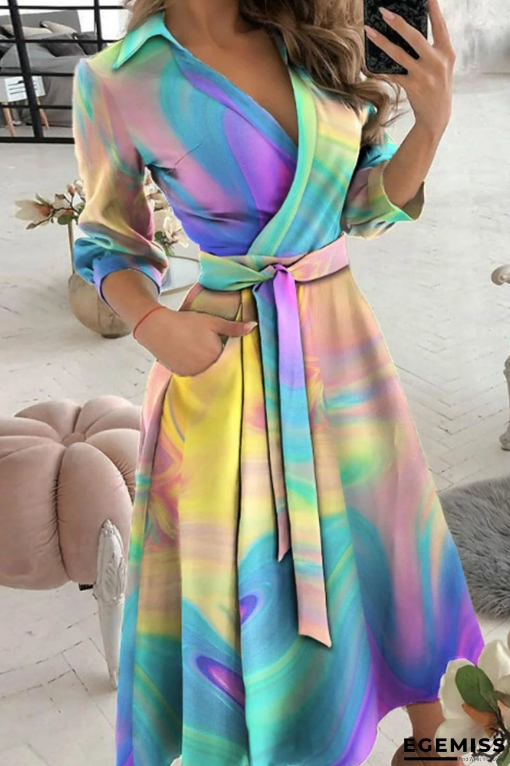 Colour Casual Print Bandage Patchwork V Neck A Line Dresses | EGEMISS