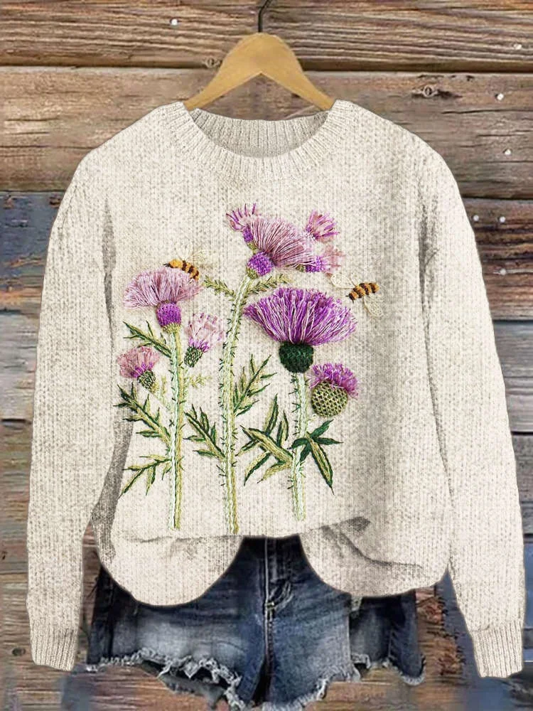 Scottish Thistle Flower Embroidery Women's Knit Sweater