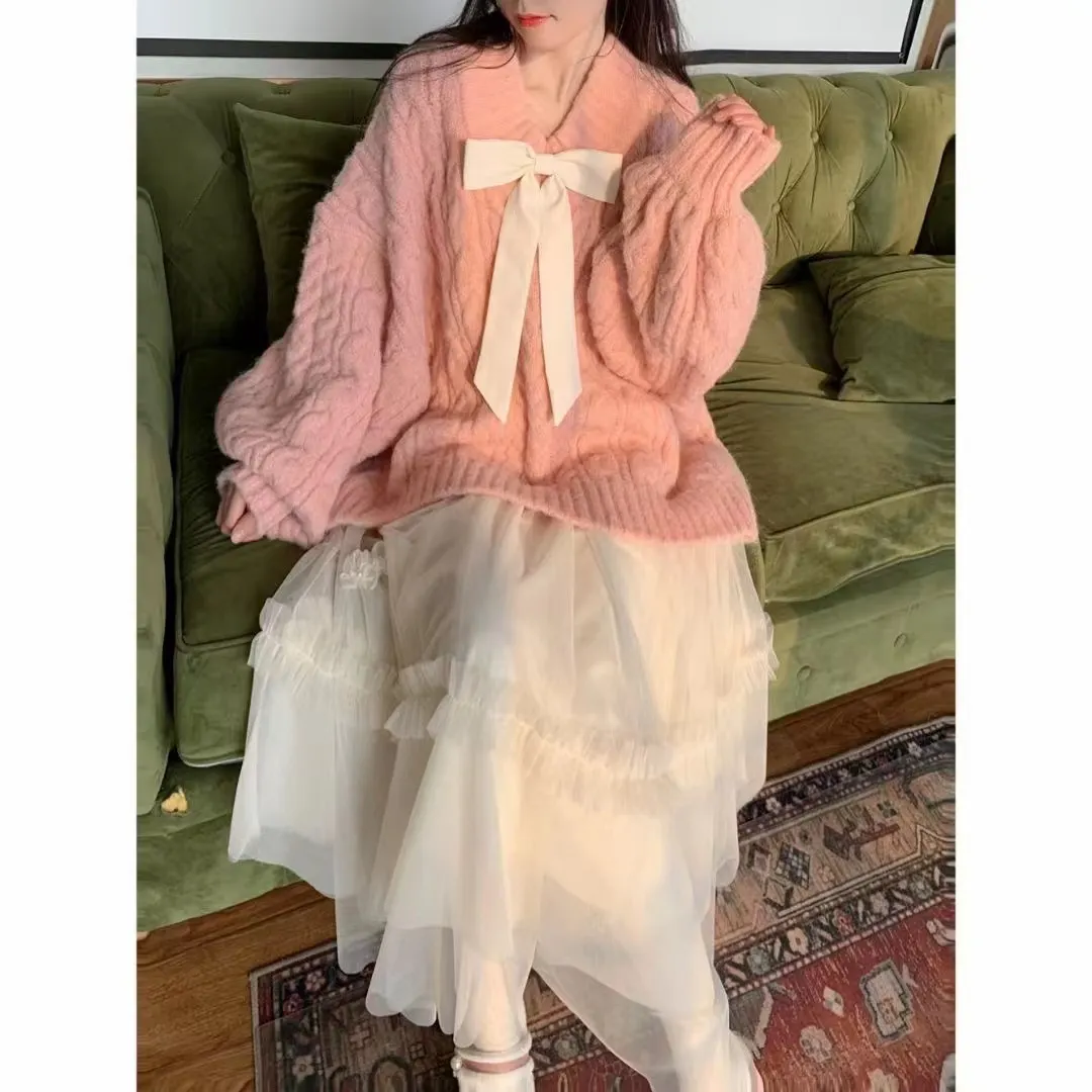 Pink Tied Down Knitted Bow Sweater