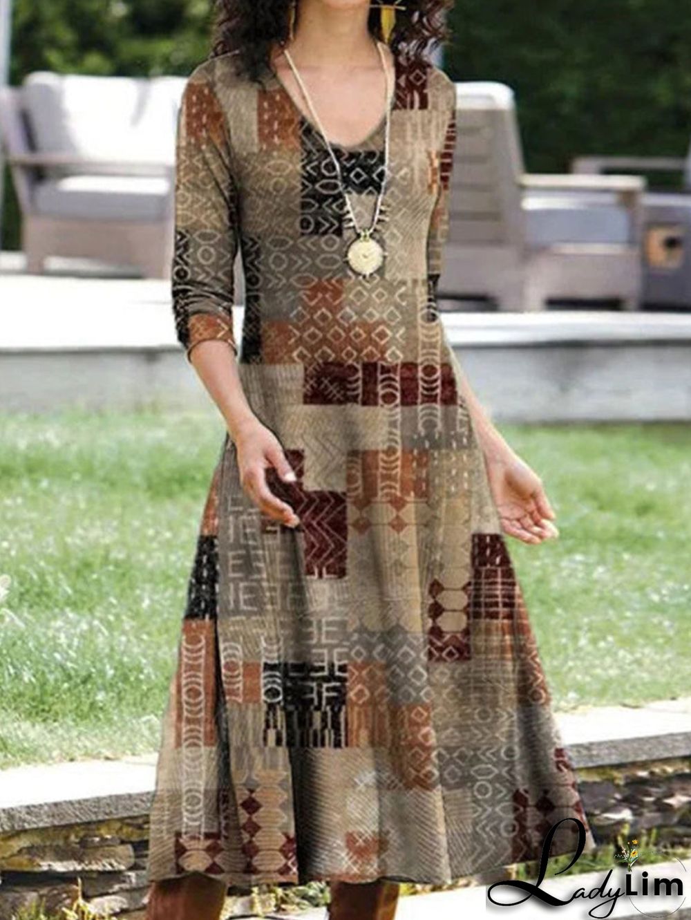 Leaf Print Vintage Elegant V-Neck Long Sleeve Midi Dress