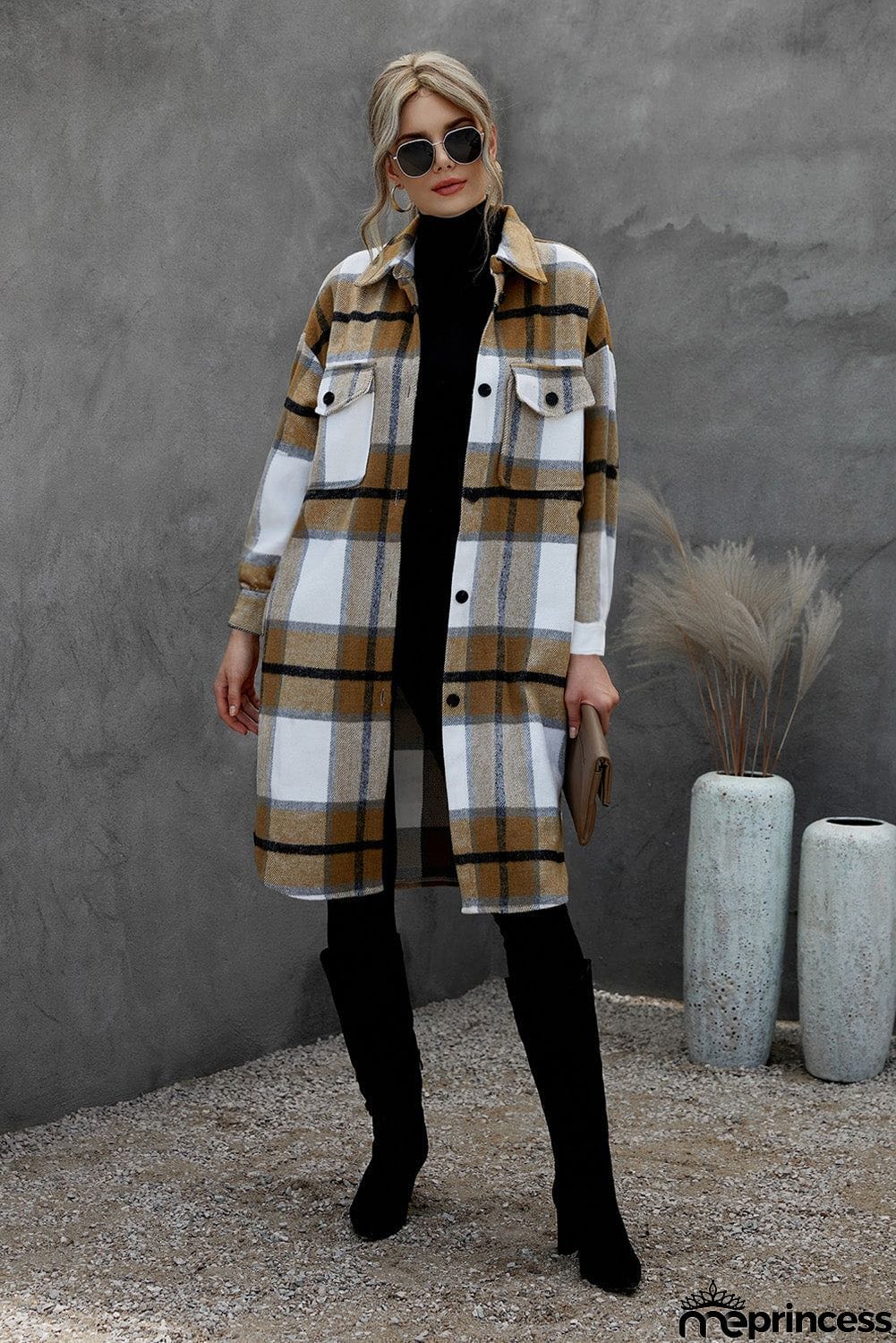 Khaki Turn-down Collar Pocket Button Plaid Coat