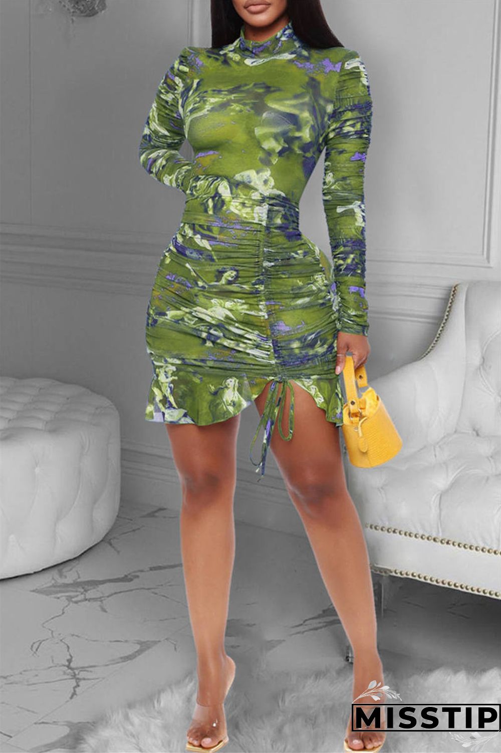 Blue Sexy Sleeve Long Sleeve Half A Turtleneck Asymmetrical Mini Print Dresses