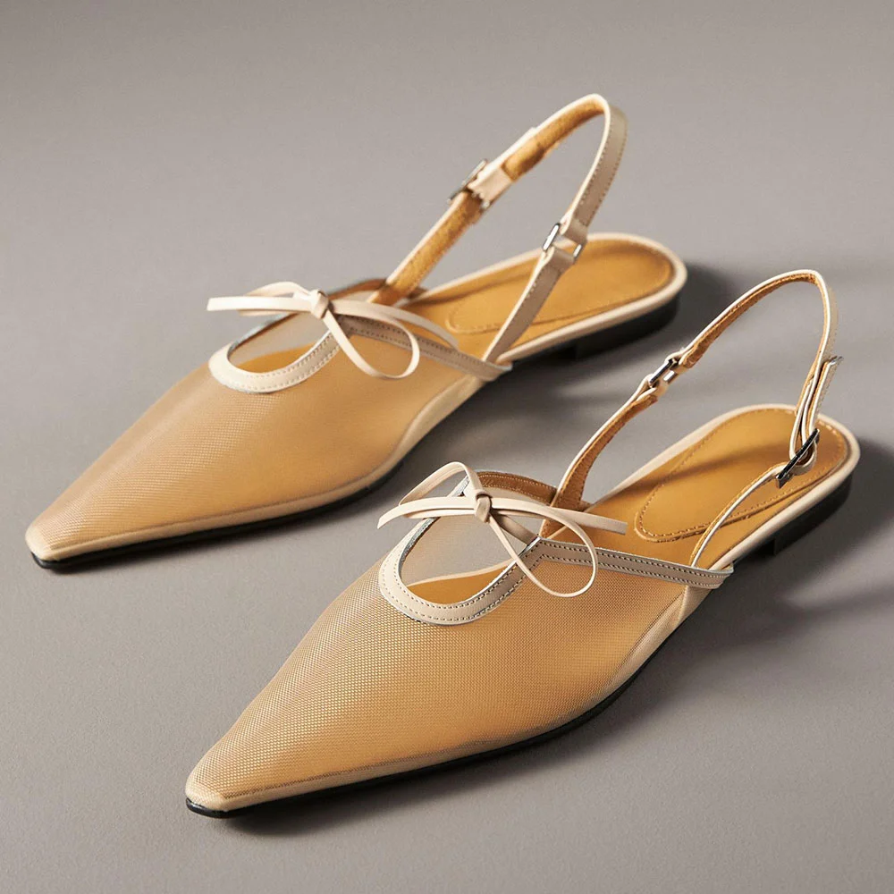 Beige Mesh Buckle Strap Slingback Pointed-Toe Flats with Bow
