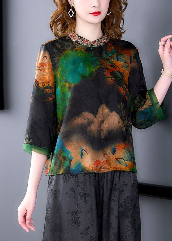 VCSHOES Black Stand Collar Embroideried Print Silk Shirt Bracelet Sleeve
