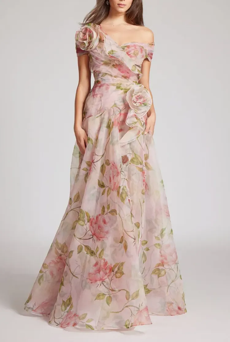 Wedding Pink Ruffled Print Organza Long Dress Summer