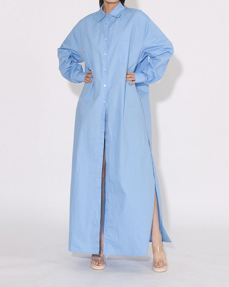 Single Breasted Side Split Long Sleeve Oversize Maxi Dress