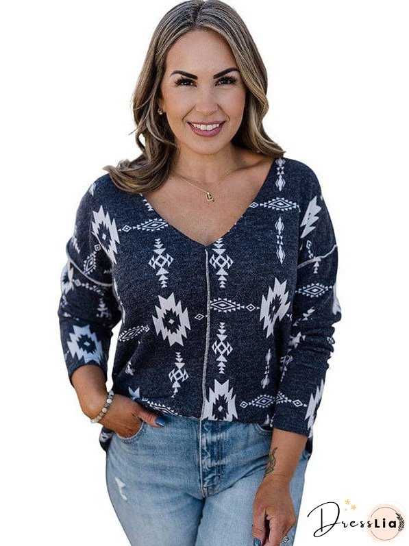 Printed Slim V-Neck Buttoned Long Sleeve Blouse