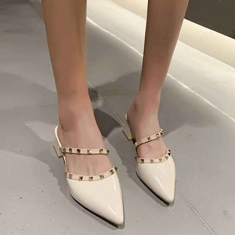 Qengg Willow Nails Half Slippers Thick Heel 2022 New Summer White with Pointed Toe Outside Wearing Lazy High-heeled Women Shoes