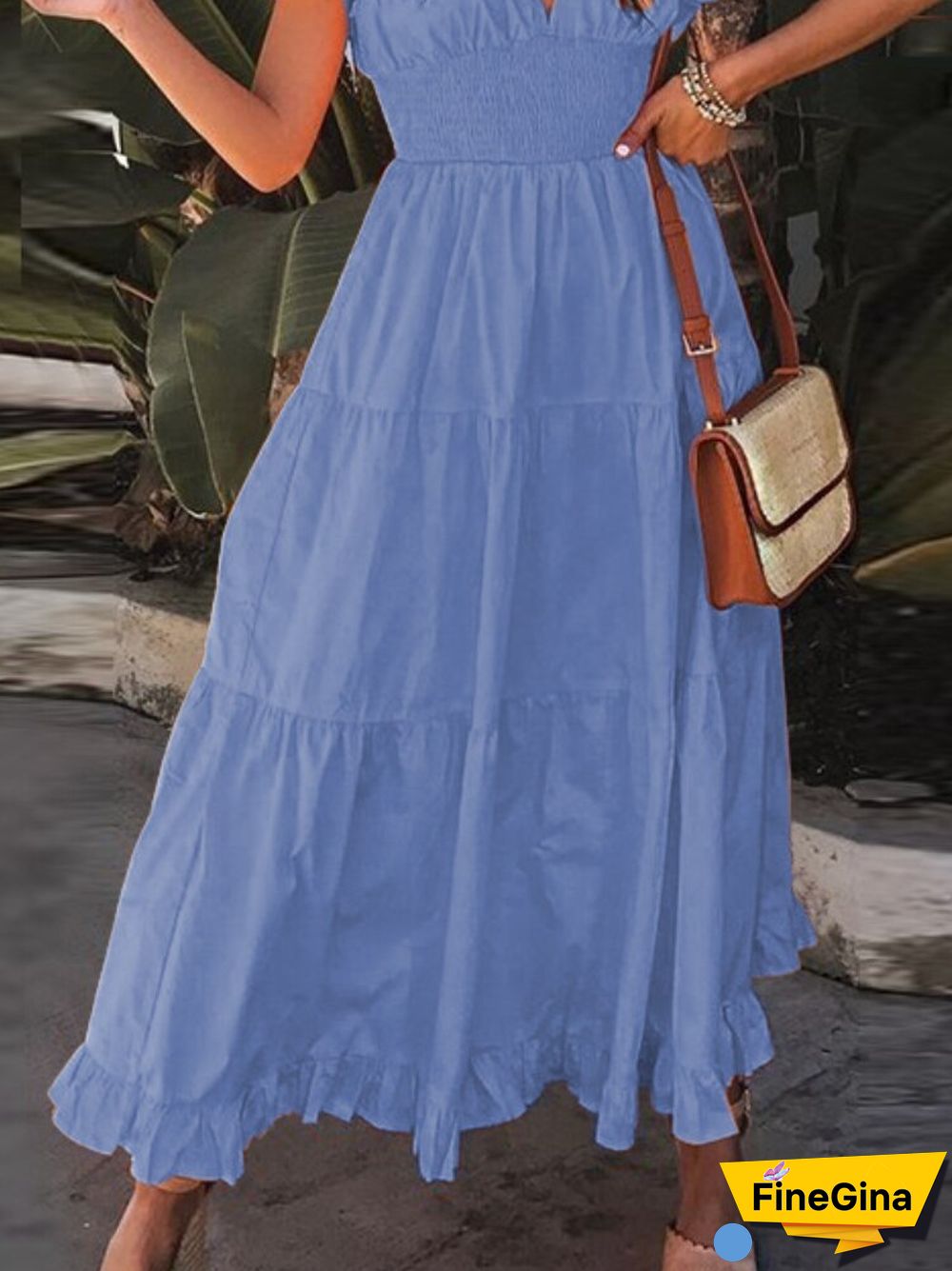 Summer New Fashion Short-sleeved Dress V-neck Petal-sleeved Large Mid-length Skirt Temperament Casual Party Women's Clothing