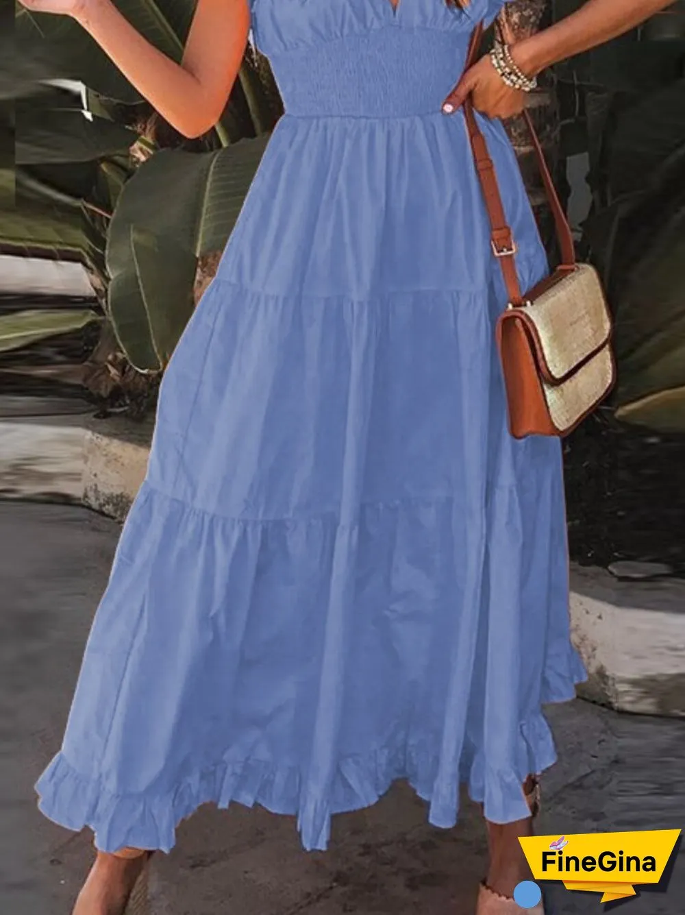 Summer New Fashion Short-sleeved Dress V-neck Petal-sleeved Large Mid-length Skirt Temperament Casual Party Women's Clothing