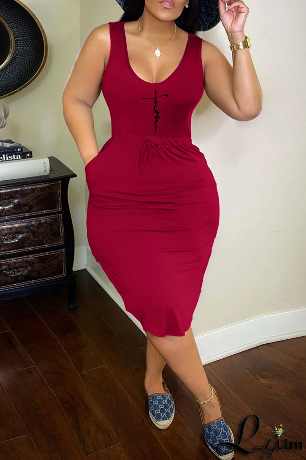 Black Fashion Casual Print Basic U Neck Vest Dress