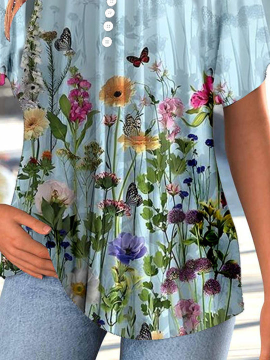 Women Short Sleeve V-neck Floral Printed Graphic Button Tops