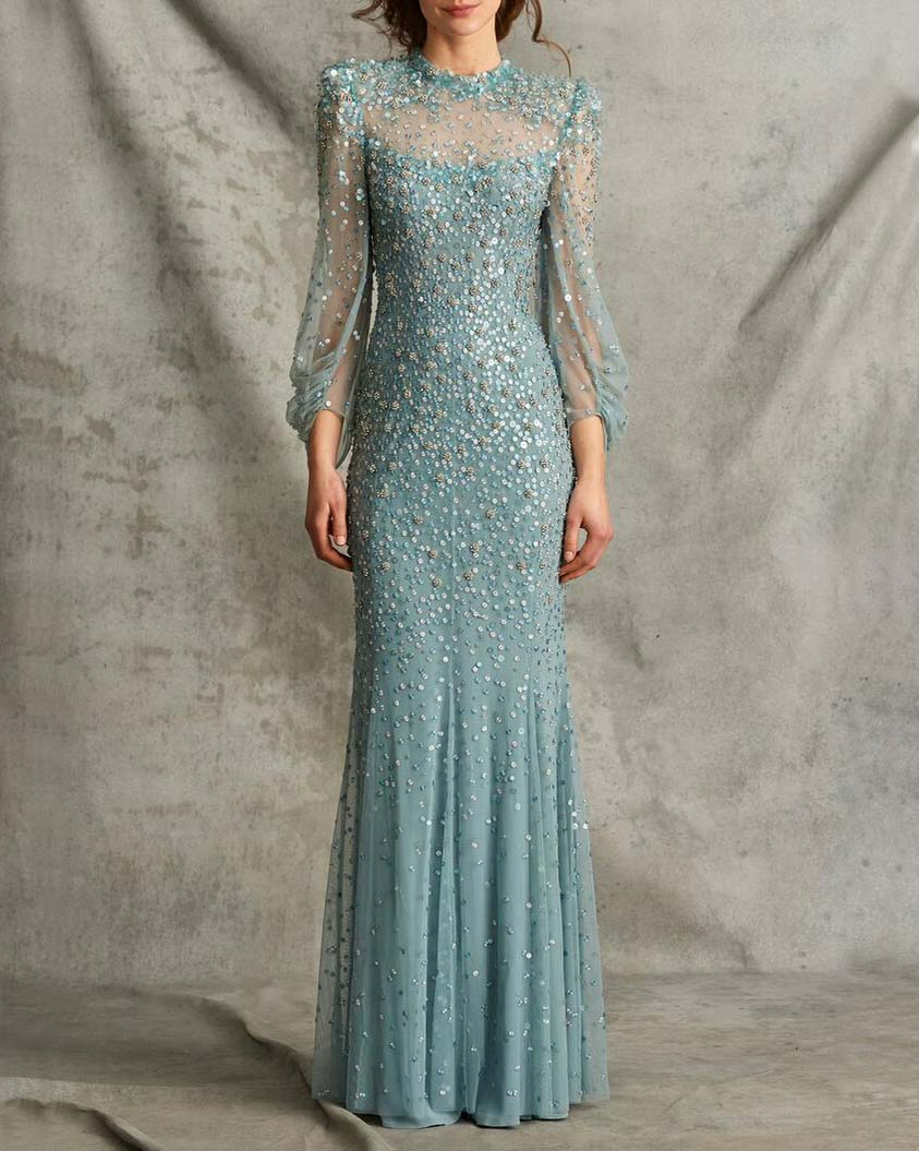Fitted Beaded Long Sleeve Gown