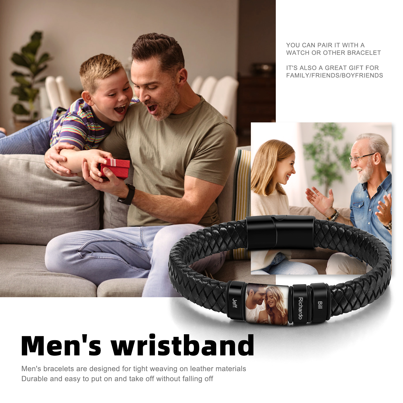 3 Names - Personalised Men's Leather Bracelet Custom Photo Braided Bracelet Gift for Him-Jessemade AU