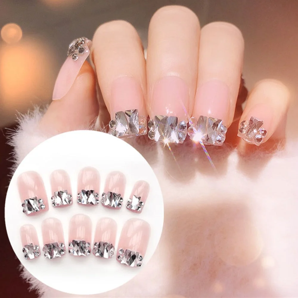 24Pc False Nails Diamond Jewelry for Bride Wedding 3D Shiny Crystal False Nail Art Manicure Rhinestones Decoration Tip with Glue-Nail Inspo