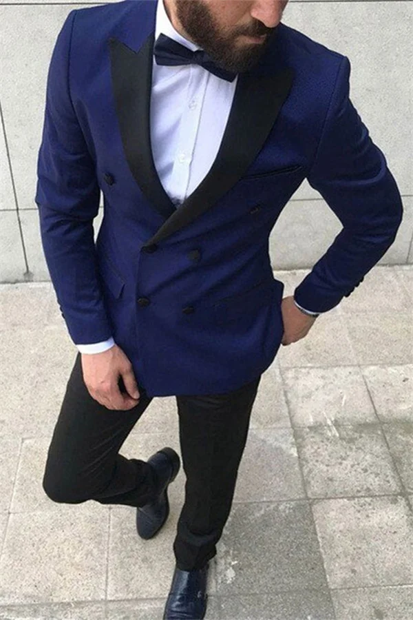 Bellasprom Elegant Double Breasted  Navy Blue Peaked Lapel Suits for Prom For Guys