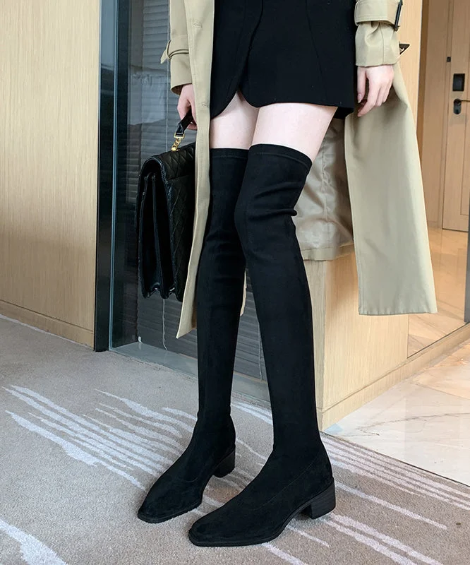 Fashion Versatile Black Elastic Fabric Chunky Knee Boots