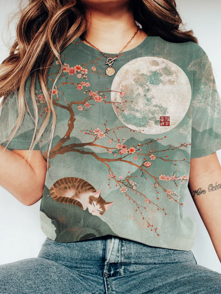 Comstylish Blossom On Moonlit Japanese Cat Art Round Neck Short Sleeve T-Shirt