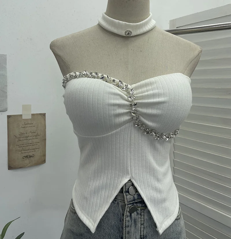 Uveng Thai-Style Hanging Neck Small Sling With Drill With Chest Pad Irregular Wearing Sleeveless Knitting Top 9211