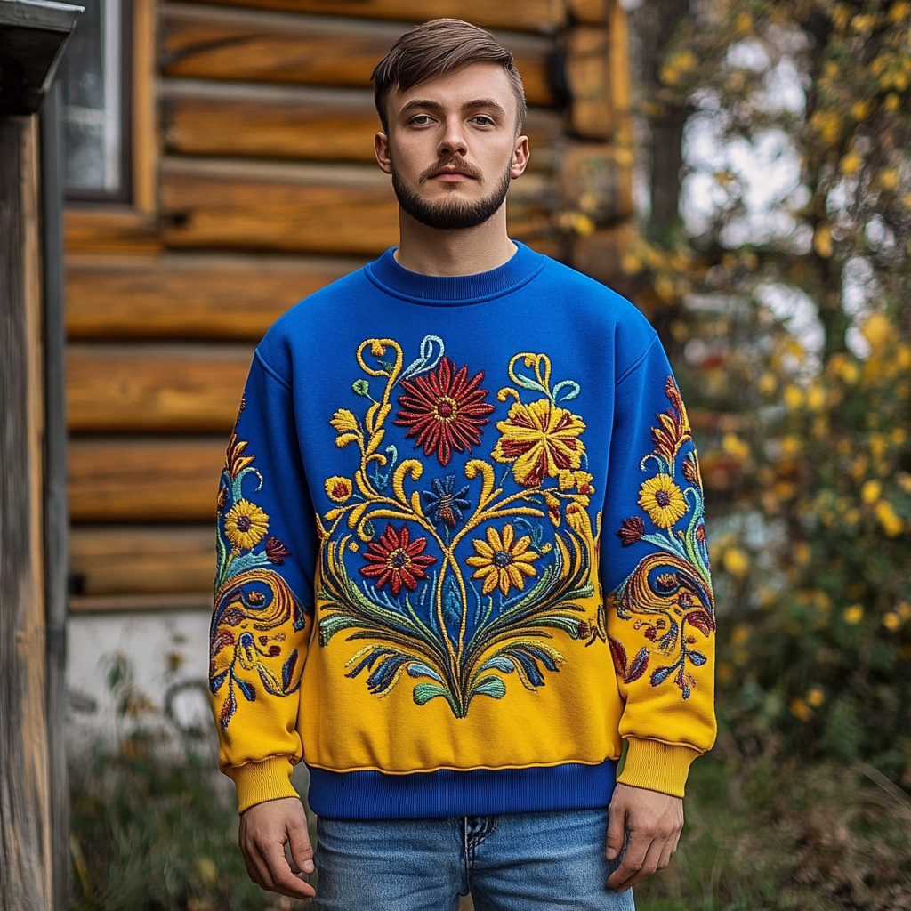 Comstylish Men's Ukrainian Folk Floral Embroidered Vintage Cozy Sweatshirt
