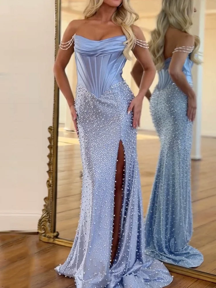 Sequinned Pearl Beaded Sleeveless Tube Mermaid Maxi Dresses Satin Party Dresses