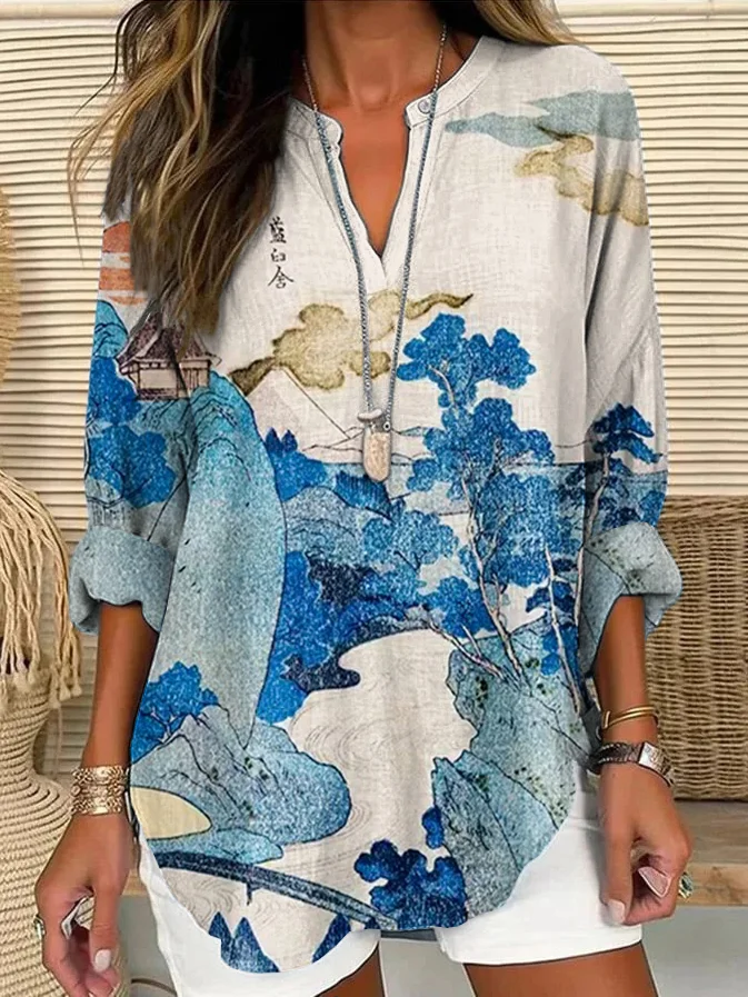Landscape Japanese Art Print Linen V-neck Shirt