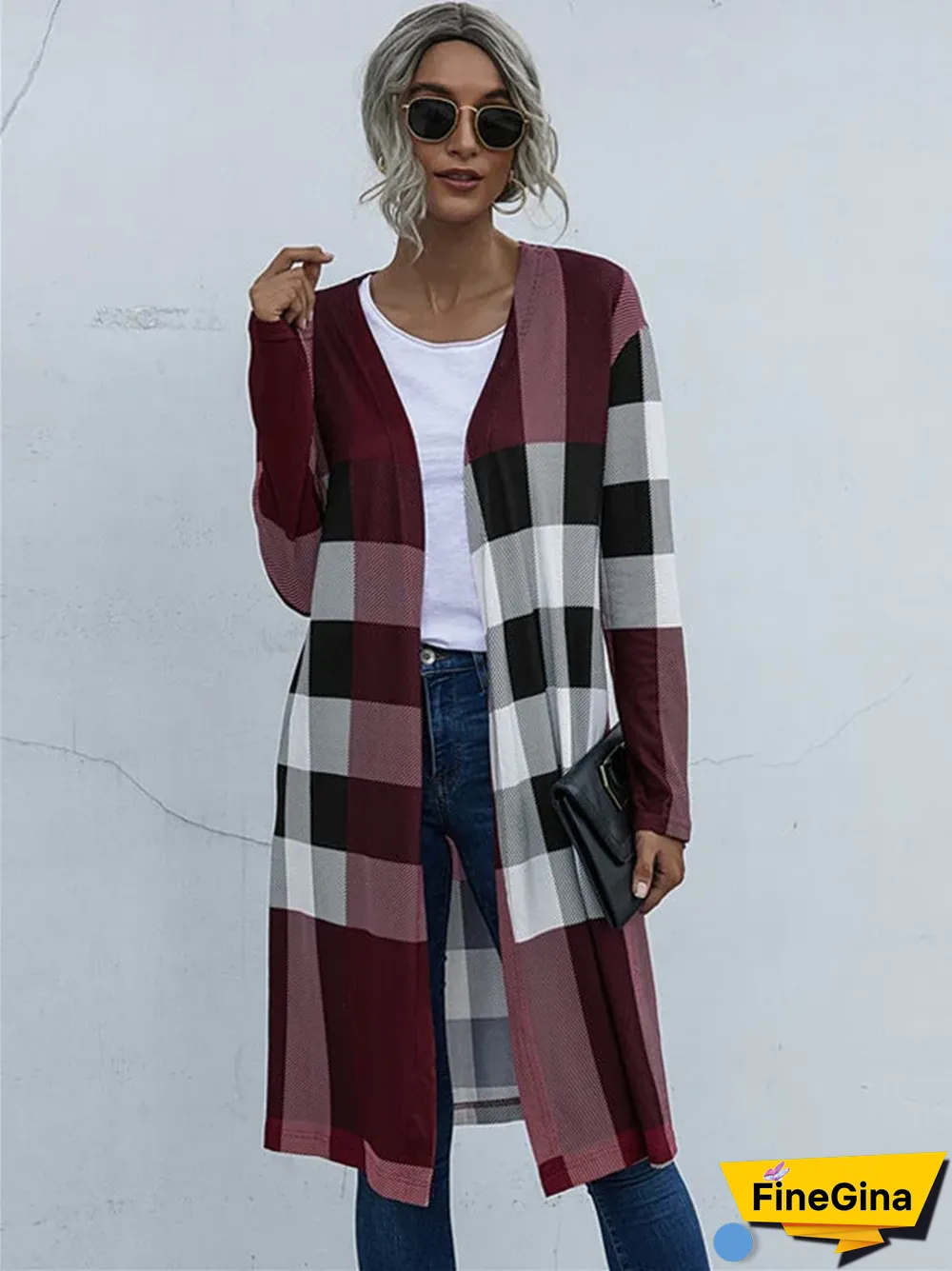 Autumn Women's Plaid Fashion Buttonless Straight Cardigan Coat Women