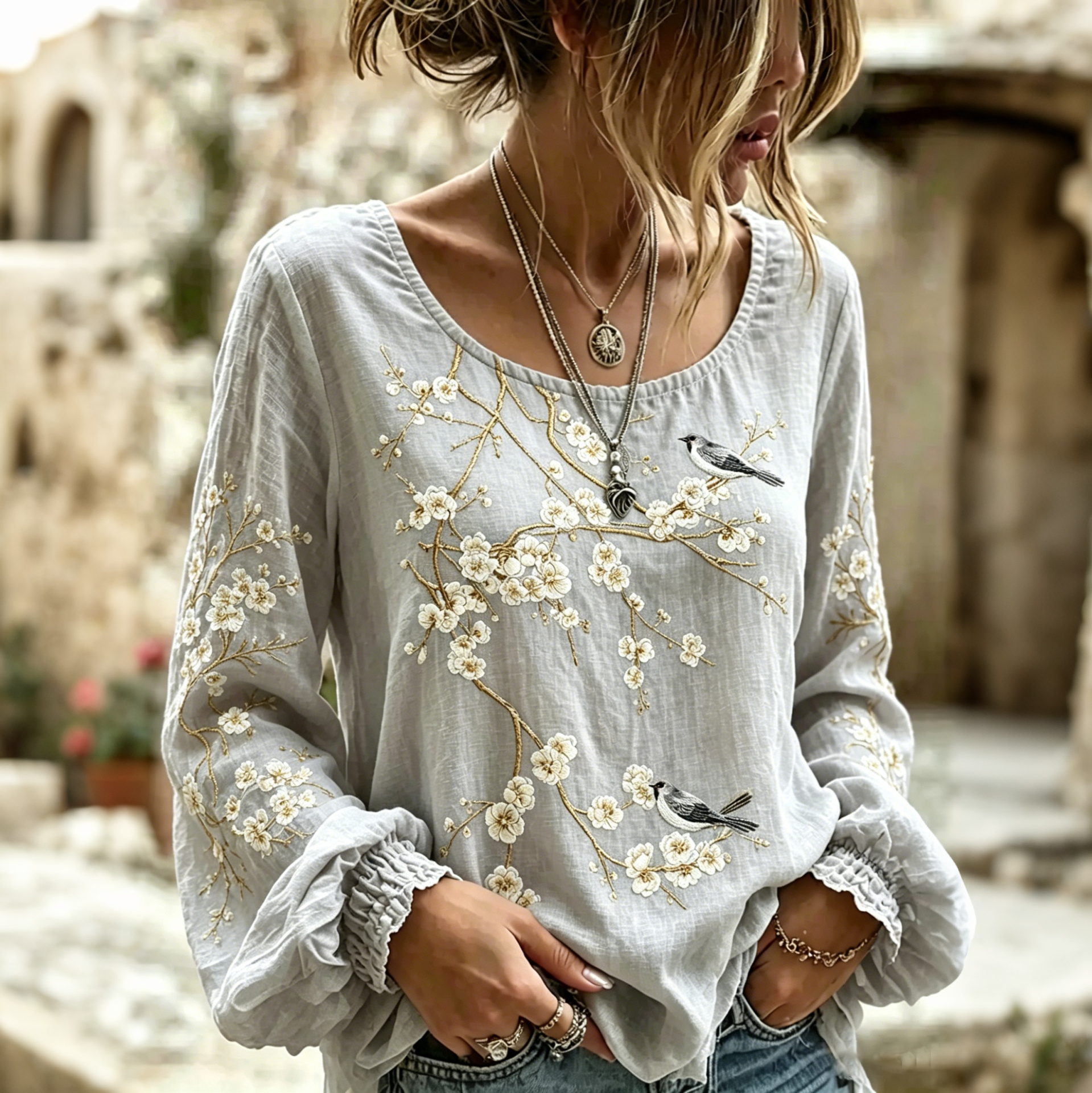 Women's Vintage Floral And Bird Art Crew Neck Long Sleeve Linen Blend T-shirt elevenforest
