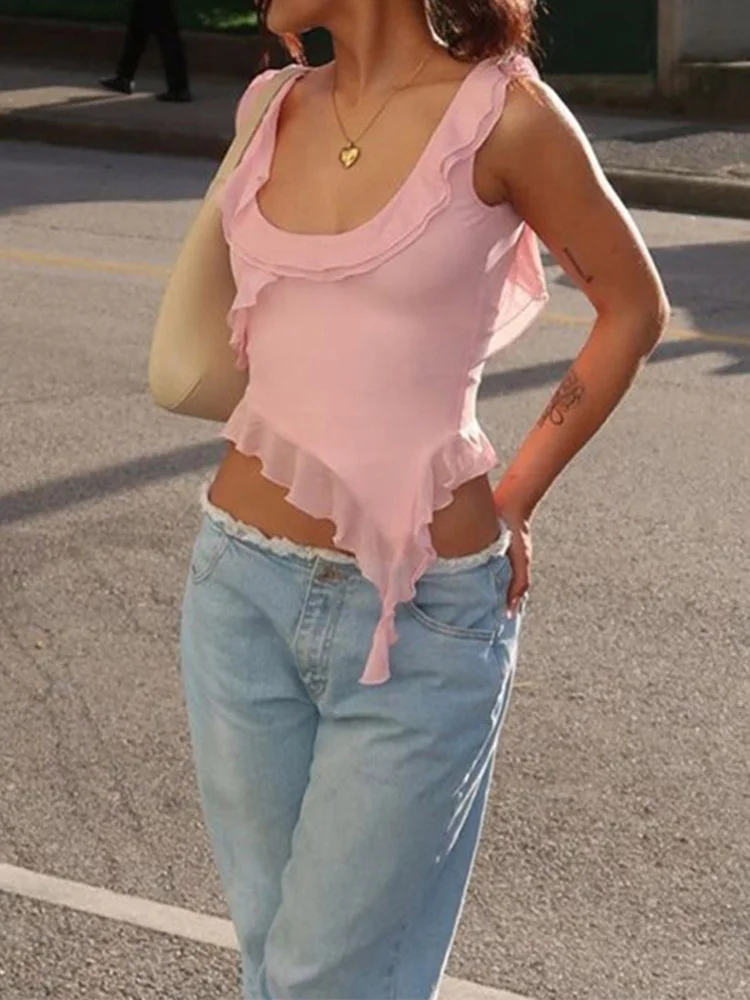 Fashion O-neck Sleeveless Tank Top Sexy Ruffles Backless Irregular Crop Tops