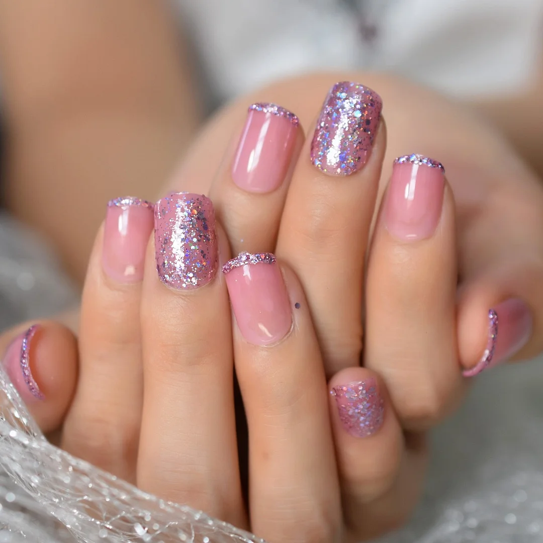 Pink Nude Fake Nails Acrylic Glitter Press On Nails Short Length Sequins Holo Jelly Gel Glossy Full Cover False Nail Tips-Nail Inspo