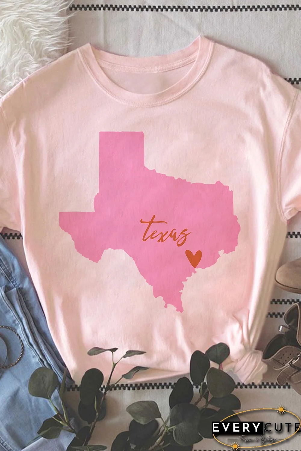 Pink Texas Map Graphic Print Crew Neck T Shirt