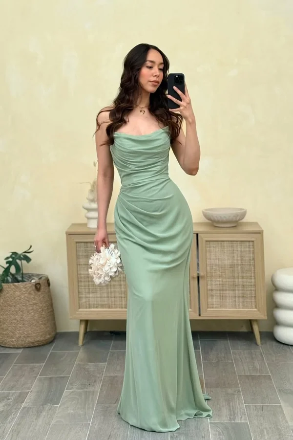 Elegant Straight Across Green Pleated Strapless Mermaid Prom Dress YK0037