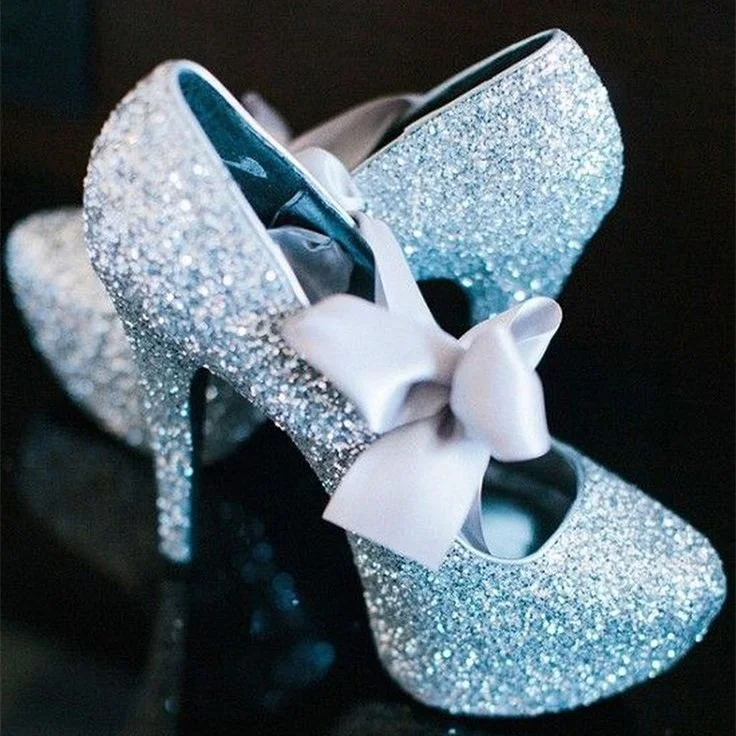 Light Blue Glitter Platform Bridal Heels with Bow Vdcoo