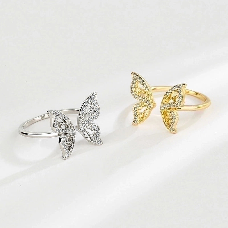Shiny Butterfly Copper Gold Plated Silver Plated Zircon Open Ring In Bulk