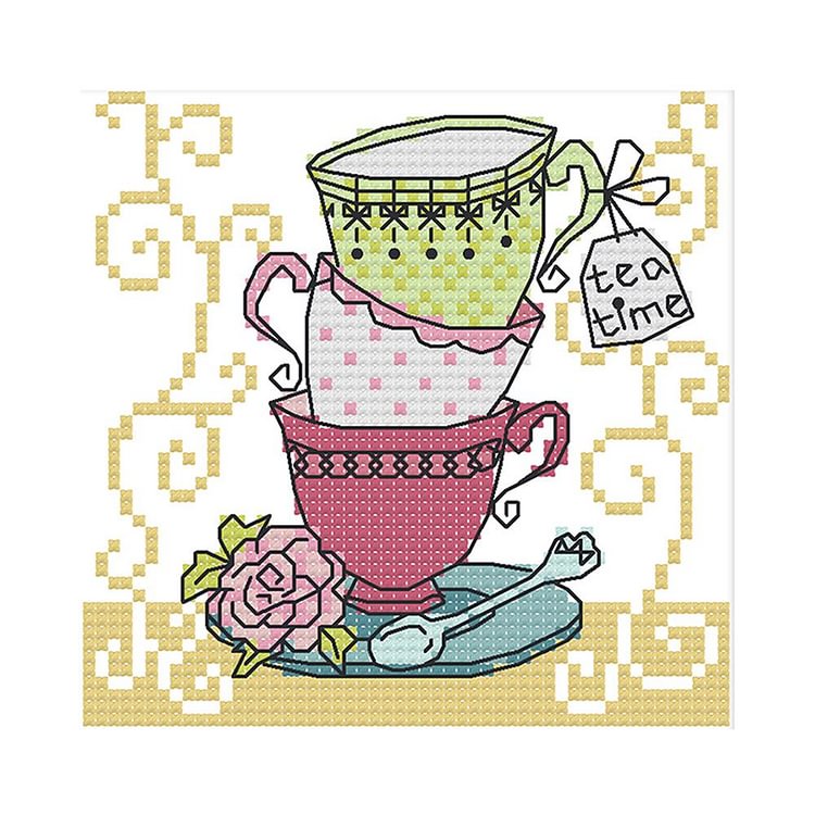 Joy Sunday - Teacup - 14CT 2 Strands Threads Printed Cross Stitch Kit - 15x14cm(Canvas)