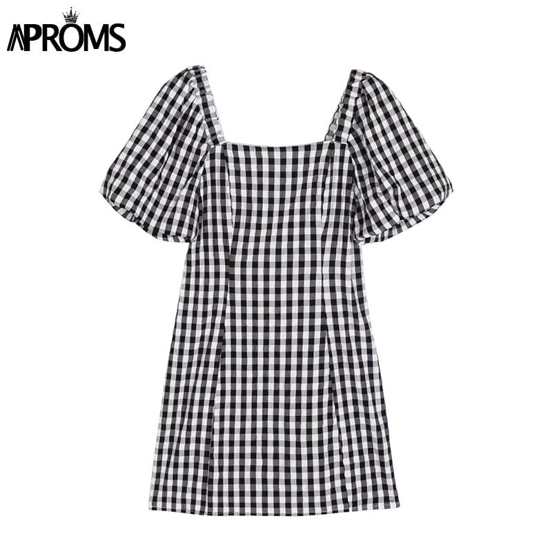 Aproms Vintage Square Neck Yellow Plaid Print Mini Dress Summer 2021 Elegant Puffed Sleeve A-line Dresses Streetwear Vestidos