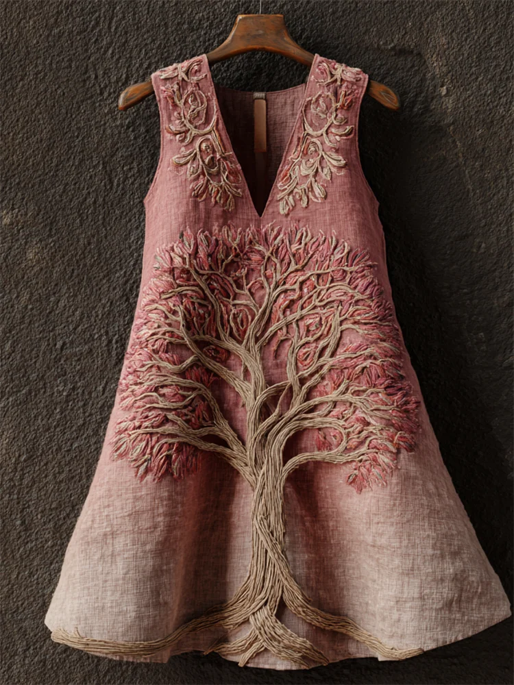Vintage Pink Tree Of Life Embroidered Gradient Linen Tank Top