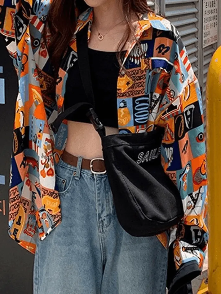 Brownm Vintage Mixed Print Long Sleeve Blouse