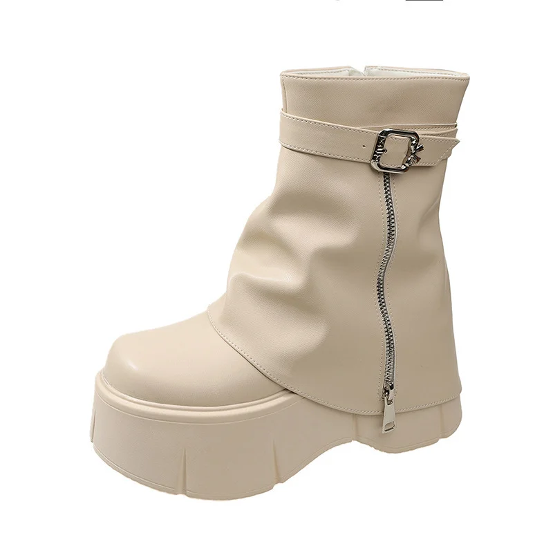 Wongn Wongn Celebrity Thick Bottom Tube Boots Female 2023 Winter New British Style Fashion Belt Buckle High Heel Small Short Boots