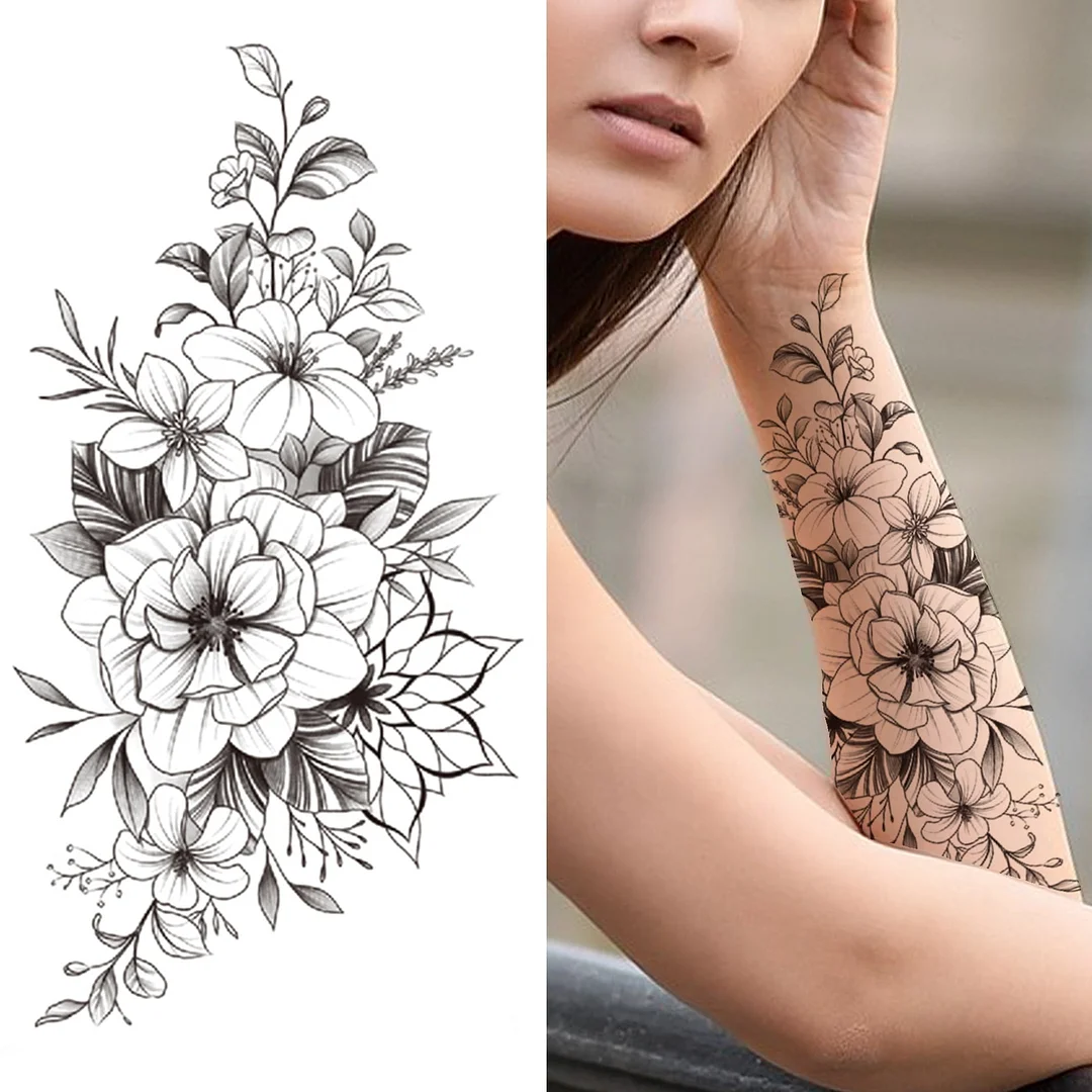 Death Skull Flower Temporary Tattoo For Women Girls Snake Bird Peony Tattoo Sticker Black Fake Blossom Sexy Tatoo Transfer Adult 530