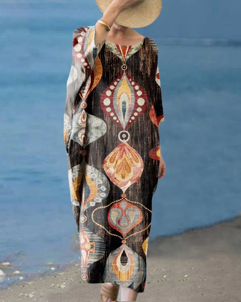 Casual Crew Neck Printed Loose Dress