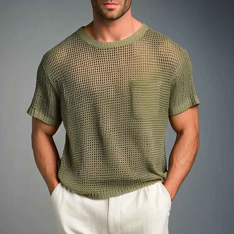 Okaywear Crew Neck Chest Pocket Hollow Out Knit T-Shirt Okaywear